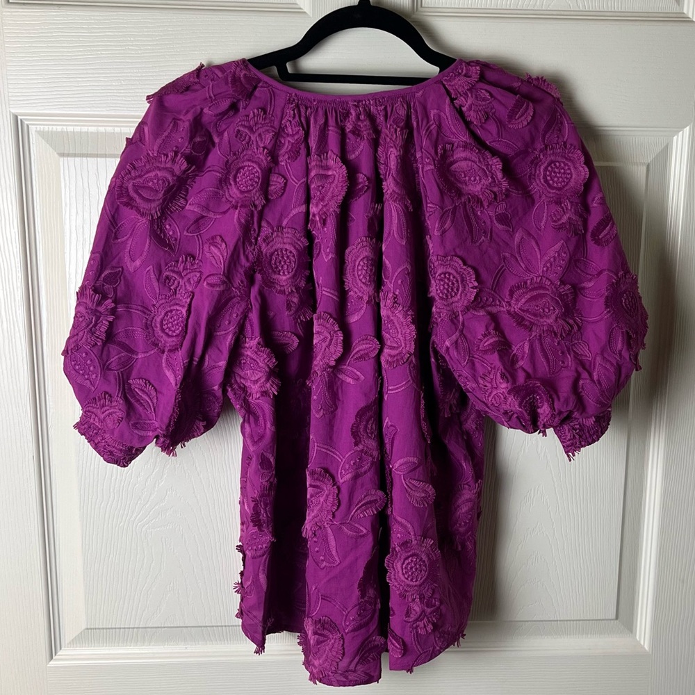 Chico's Fuchsia Floral Appliqué Puff-Sleeve Blouse - Picture 6 of 6